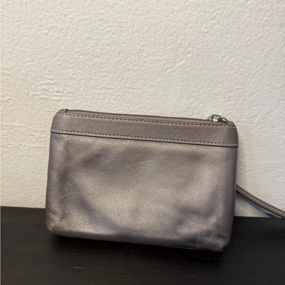 Coach Metallic Leather Wristlet Clutch Purse Silver Mini Zip Bag